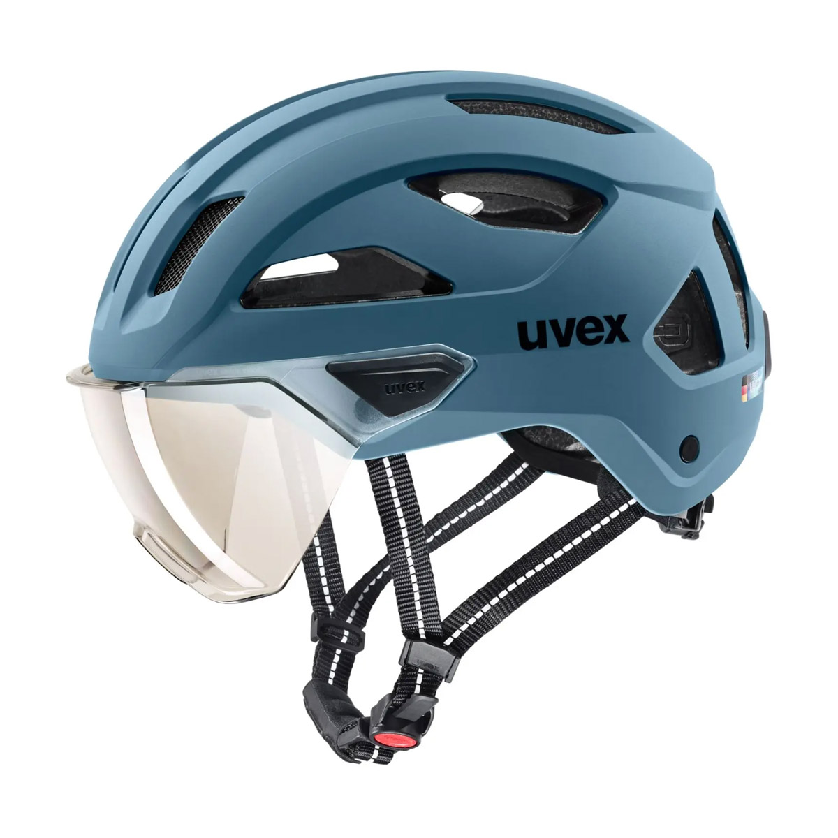 uvex stride visor Helm mit Visier Unisex blue matt blau Freisteller seitlich