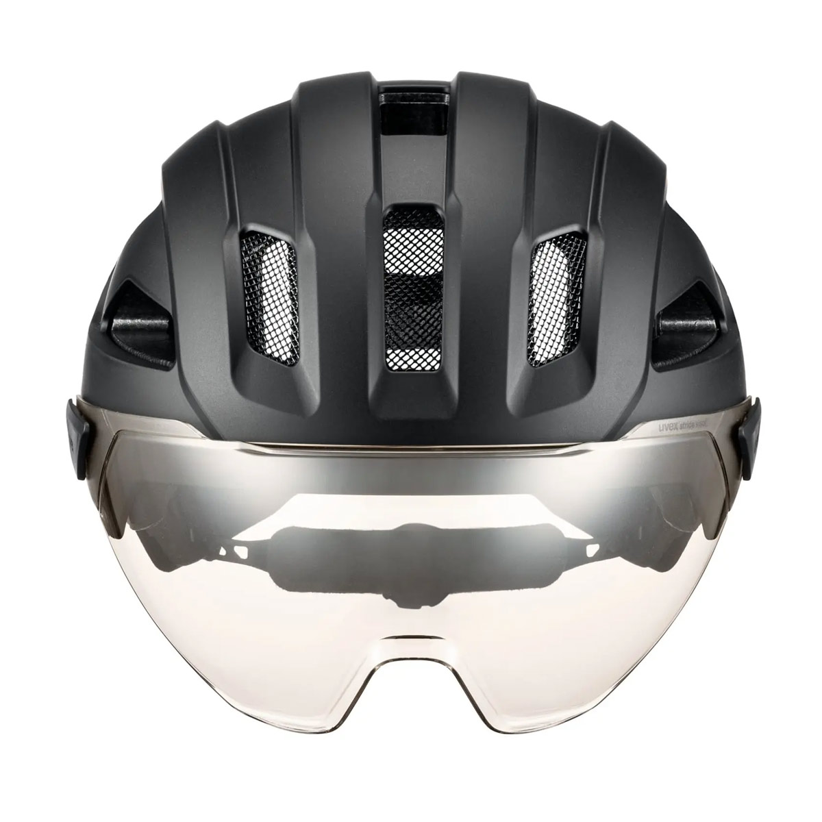 uvex stride visor Helm mit Visier Unisex black matt schwarz mit runter geklapptem Visier